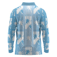 Bula Fiji Long Sleeve Polo Shirt Blue Makare Masi Tapa Pattern