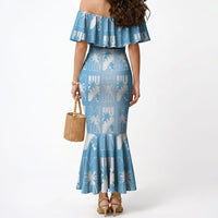 Bula Fiji Mermaid Dress Blue Makare Masi Tapa Pattern
