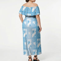 Bula Fiji Off Shoulder Maxi Dress Blue Makare Masi Tapa Pattern