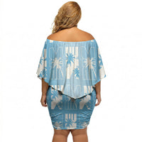 Bula Fiji Off Shoulder Short Dress Blue Makare Masi Tapa Pattern