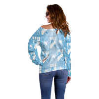 Bula Fiji Off Shoulder Sweater Blue Makare Masi Tapa Pattern