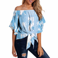 Bula Fiji Off Shoulder Wrap Waist Top Blue Makare Masi Tapa Pattern
