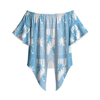 Bula Fiji Off Shoulder Wrap Waist Top Blue Makare Masi Tapa Pattern