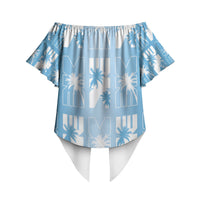 Bula Fiji Off Shoulder Wrap Waist Top Blue Makare Masi Tapa Pattern