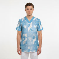 Bula Fiji Scrub Top Blue Makare Masi Tapa Pattern