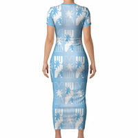 Bula Fiji Short Sleeve Bodycon Dress Blue Makare Masi Tapa Pattern