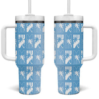 Bula Fiji Tumbler With Handle Blue Makare Masi Tapa Pattern