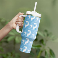 Bula Fiji Tumbler With Handle Blue Makare Masi Tapa Pattern