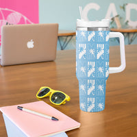 Bula Fiji Tumbler With Handle Blue Makare Masi Tapa Pattern