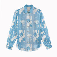 Bula Fiji Women Casual Shirt Blue Makare Masi Tapa Pattern