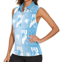 Bula Fiji Women Sleeveless Polo Shirt Blue Makare Masi Tapa Pattern