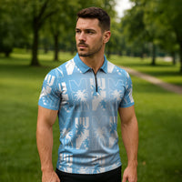 Bula Fiji Zipper Polo Shirt Blue Makare Masi Tapa Pattern