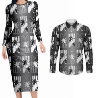 Bula Fiji Couples Matching Long Sleeve Bodycon Dress and Long Sleeve Button Shirt Black Makare Masi Tapa Pattern