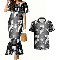 Bula Fiji Couples Matching Mermaid Dress and Hawaiian Shirt Black Makare Masi Tapa Pattern