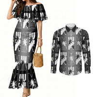 Bula Fiji Couples Matching Mermaid Dress and Long Sleeve Button Shirt Black Makare Masi Tapa Pattern