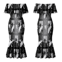 Bula Fiji Couples Matching Mermaid Dress and Long Sleeve Button Shirt Black Makare Masi Tapa Pattern