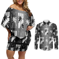 Bula Fiji Couples Matching Off Shoulder Short Dress and Long Sleeve Button Shirt Black Makare Masi Tapa Pattern