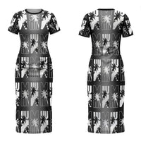 Bula Fiji Couples Matching Short Sleeve Bodycon Dress and Hawaiian Shirt Black Makare Masi Tapa Pattern