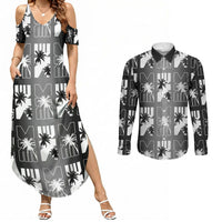 Bula Fiji Couples Matching Summer Maxi Dress and Long Sleeve Button Shirt Black Makare Masi Tapa Pattern