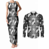 Bula Fiji Couples Matching Tank Maxi Dress and Long Sleeve Button Shirt Black Makare Masi Tapa Pattern