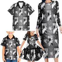 Bula Fiji Family Matching Long Sleeve Bodycon Dress and Hawaiian Shirt Black Makare Masi Tapa Pattern