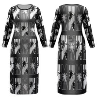Bula Fiji Family Matching Long Sleeve Bodycon Dress and Hawaiian Shirt Black Makare Masi Tapa Pattern