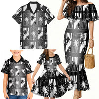 Bula Fiji Family Matching Mermaid Dress and Hawaiian Shirt Black Makare Masi Tapa Pattern