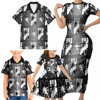 Bula Fiji Family Matching Short Sleeve Bodycon Dress and Hawaiian Shirt Black Makare Masi Tapa Pattern