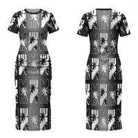 Bula Fiji Family Matching Short Sleeve Bodycon Dress and Hawaiian Shirt Black Makare Masi Tapa Pattern