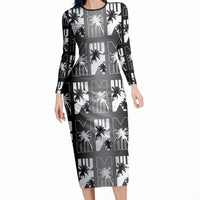 Bula Fiji Long Sleeve Bodycon Dress Black Makare Masi Tapa Pattern