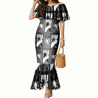 Bula Fiji Mermaid Dress Black Makare Masi Tapa Pattern