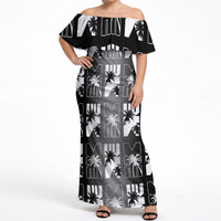 Bula Fiji Off Shoulder Maxi Dress Black Makare Masi Tapa Pattern