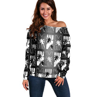 Bula Fiji Off Shoulder Sweater Black Makare Masi Tapa Pattern