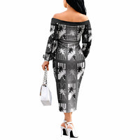 Bula Fiji Off The Shoulder Long Sleeve Dress Black Makare Masi Tapa Pattern