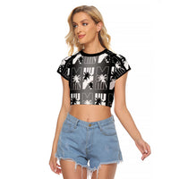 Bula Fiji Raglan Cropped T Shirt Black Makare Masi Tapa Pattern
