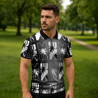 Bula Fiji Zipper Polo Shirt Black Makare Masi Tapa Pattern