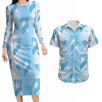 Bula Fiji Couples Matching Long Sleeve Bodycon Dress and Hawaiian Shirt White Makare Masi Tapa Pattern