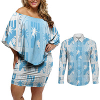 Bula Fiji Couples Matching Off Shoulder Short Dress and Long Sleeve Button Shirt White Makare Masi Tapa Pattern