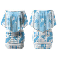 Bula Fiji Couples Matching Off Shoulder Short Dress and Long Sleeve Button Shirt White Makare Masi Tapa Pattern