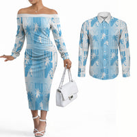 Bula Fiji Couples Matching Off The Shoulder Long Sleeve Dress and Long Sleeve Button Shirt White Makare Masi Tapa Pattern