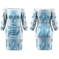 Bula Fiji Couples Matching Off The Shoulder Long Sleeve Dress and Long Sleeve Button Shirt White Makare Masi Tapa Pattern