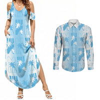 Bula Fiji Couples Matching Summer Maxi Dress and Long Sleeve Button Shirt White Makare Masi Tapa Pattern
