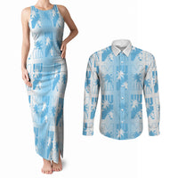 Bula Fiji Couples Matching Tank Maxi Dress and Long Sleeve Button Shirt White Makare Masi Tapa Pattern
