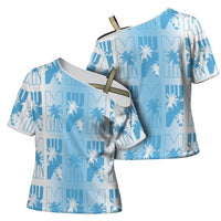 Bula Fiji Cross Shoulder Shirt White Makare Masi Tapa Pattern