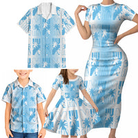 Bula Fiji Family Matching Short Sleeve Bodycon Dress and Hawaiian Shirt White Makare Masi Tapa Pattern
