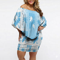 Bula Fiji Off Shoulder Short Dress White Makare Masi Tapa Pattern