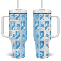 Bula Fiji Tumbler With Handle White Makare Masi Tapa Pattern