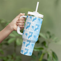 Bula Fiji Tumbler With Handle White Makare Masi Tapa Pattern