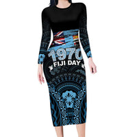 Personalised Happy Fiji Day 1970 Family Matching Long Sleeve Bodycon Dress and Hawaiian Shirt Flag Grunge Style