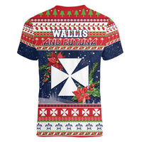 Wallis and Futuna Christmas Women V-Neck T-Shirt Poinsettia Joyeux Noel